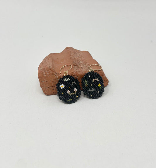 Black Beaded Round Earrings